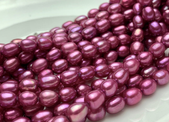 5.5x7mm AAA Fuchsia Pink Color Rice/Oval Freshwater Pearl Beads Genuine Cultured High Luster Freshwater Pearls 50 Pieces #P1508