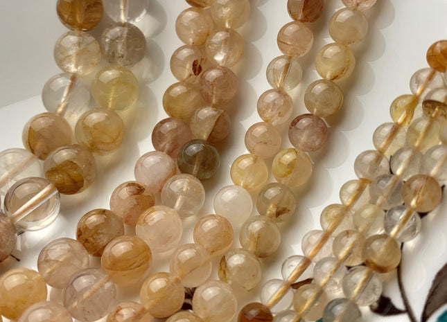 6mm 8mm 10mm 12mm Half Strand Smooth Round Hematoid Quartz Gemstone Beads Genuine Natural Yellow Hematoid Quartz Beads #3686