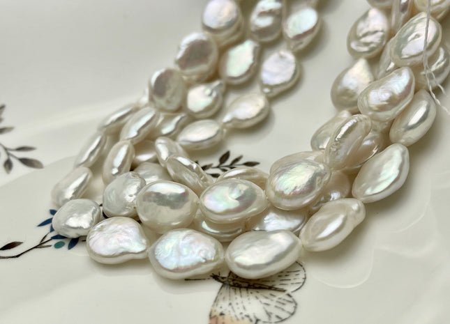 12x13-14mm AAA High Luster Natural White Tear Drop Flat Coin Freshwater Pearl Beads Genuine Natural White Coin Pearls 25-26 Pieces #P1523