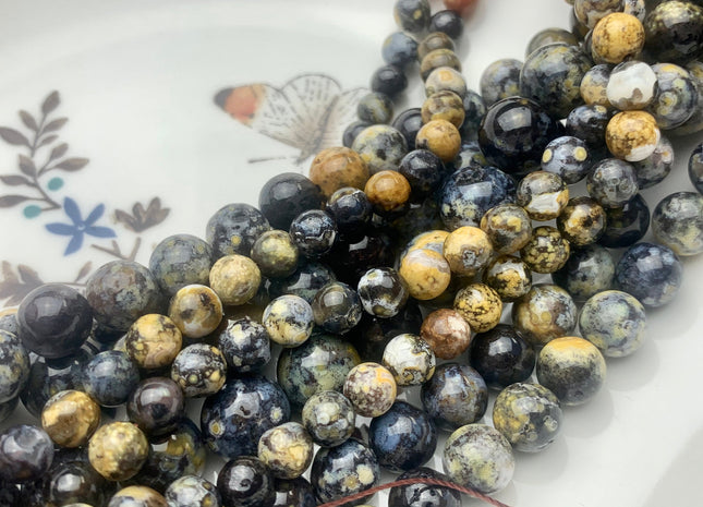 6mm 8mm 10mm Half Strand Smooth Round Black Ocean Jasper Gemstone Beads Genuine Black Yellow Gray Jasper High Polished Beads #3696