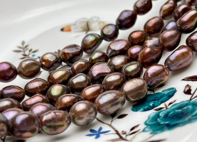 9-11x12-14mm AAA Large Hole Chocolate Brown Rice Nugget Freshwater Pearl Beads Hole Size 2.2mm Genuine Natural Pearl Beads 31 Pieces #P1520