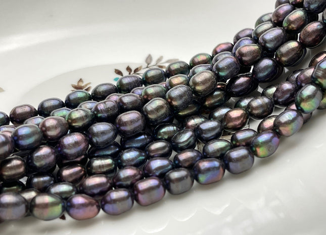 6.5-7x9 mm Rice/Oval Freshwater Pearls Dark Peacock Color Genuine Freshwater Dark Peacock Rice Pearl Beads 48 Pieces #P1522