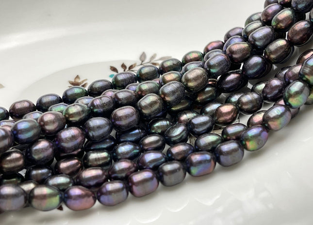 6.5-7x9 mm Rice/Oval Freshwater Pearls Dark Peacock Color Genuine Freshwater Dark Peacock Rice Pearl Beads 48 Pieces #P1522