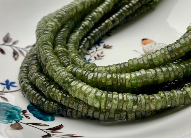 4mm 5mm 6mm 7mm 8mm 100% All Natural Smooth Heishi Green Garnet Gemstone Beads Genuine Natural Green Color Garnet Beads 8 Inch Strands #3713