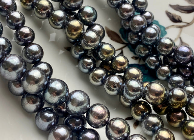 8.5-10 mm AAA Extra Shiny Large Hole Half Strand Dark Peacock Edison Freshwater Pearls Hole Size 2.1mm Genuine Edison Pearl 23 Pieces #P1571