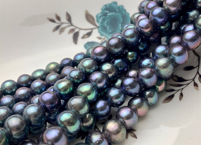 9 mm AAA Half Strand Large Hole Blue Peacock Potato Freshwater Pearl Beads Hole Size 3.0mm Genuine High Luster Pearls 22 Pieces #P1568