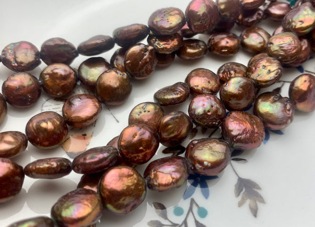 9-10 mm Copper Brown Color Flat Coin Freshwater Pearl Beads Genuine Cultured Freshwater Coin Pearls 38 Pieces #423