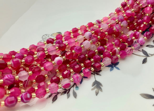 5x6mm Faceted Energy Prism Cut Pink Lace Agate Gemstone Genuine Double Terminated Points Multi Pink Color 15.5 Inches 50 Pieces #3620