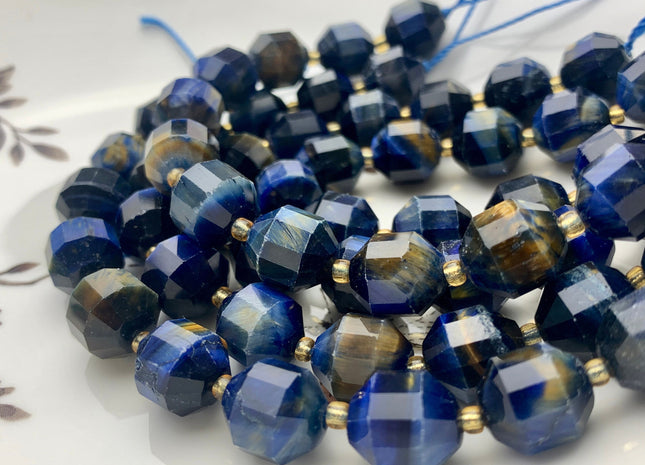 11x12mm AAA Half Strand Faceted Energy Prism Cut Blue Lapis Color Tiger Eyes Gemstone Genuine Double Terminated Points Shape 14 Pieces #3636