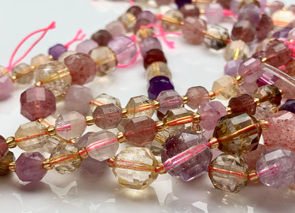 7x8mm 9x10mm 11x12mm Half Strand Faceted Energy Prism Cut Super 7 Cacoxenite Amethyst Gemstone Double Terminated Points Pink Purple #3600