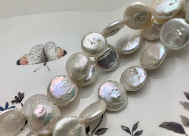 15 mm AAA Half Strand Natural White Large Hole Thick Coin Freshwater Pearl Hole Size 2.1 mm Genuine Large Hole Coin Pearl 13 Pieces #P1463