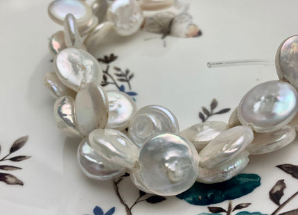 15 mm AAA Half Strand Natural White Large Hole Thick Coin Freshwater Pearl Hole Size 2.1 mm Genuine Large Hole Coin Pearl 13 Pieces #P1463