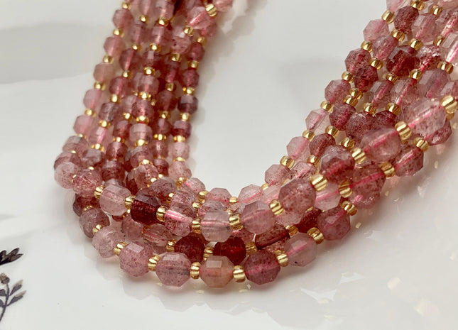 5x6mm Faceted Energy Prism Cut Strawberry Quartz Gemstone Genuine Double Terminated Points Natural Pink Quartz 15.5 Inches 47 Pieces #3649