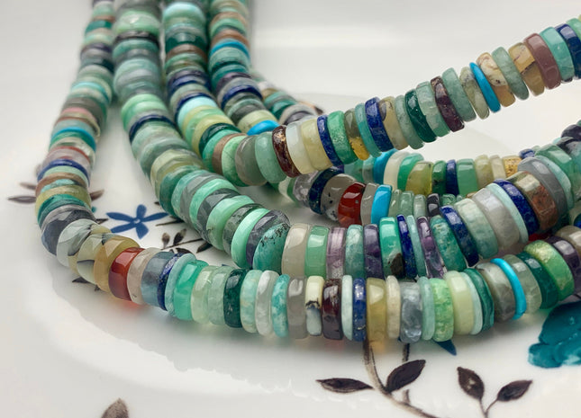 7mm 8mm 9mm AAA 100% All Natural Mixed Amethyst Lapis Chalcedony Emerald Green Garnet Turquoise Jade Malachite Heishi Beads 8 Inches #3751