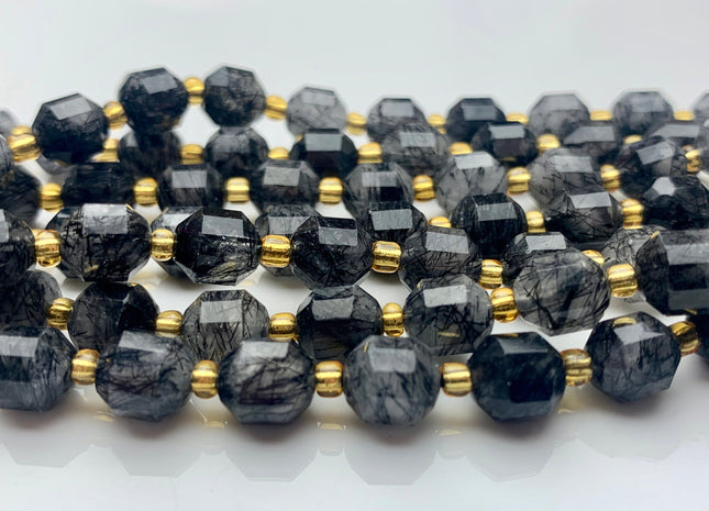 7x8mm AAA Half Strand Faceted Energy Prism Cut Black Rutilated Rutile Quartz Gemstone Genuine Double Terminated Points Black Quartz #3622