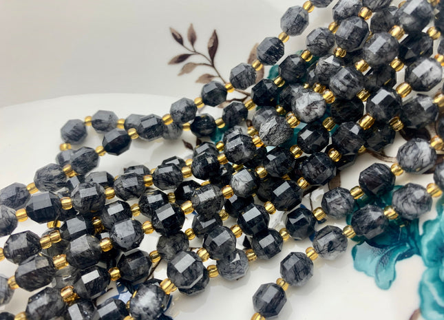 7x8mm AAA Half Strand Faceted Energy Prism Cut Black Rutilated Rutile Quartz Gemstone Genuine Double Terminated Points Black Quartz #3622