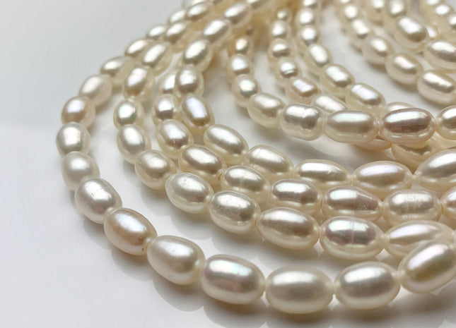 6x8-10mm AA Half Strand Natural White Long Oval/Rice Genuine Large Hole Freshwater Pearl Hole Size 1.2mm 1.5mm 22 Beads #P1482