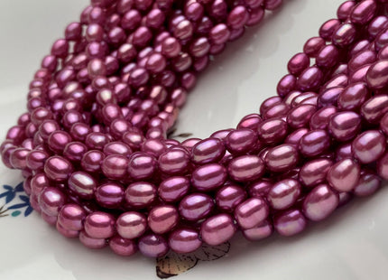 5.5x7mm AAA Fuchsia Pink Color Rice/Oval Freshwater Pearl Beads Genuine Cultured High Luster Freshwater Pearls 50 Pieces #P1508
