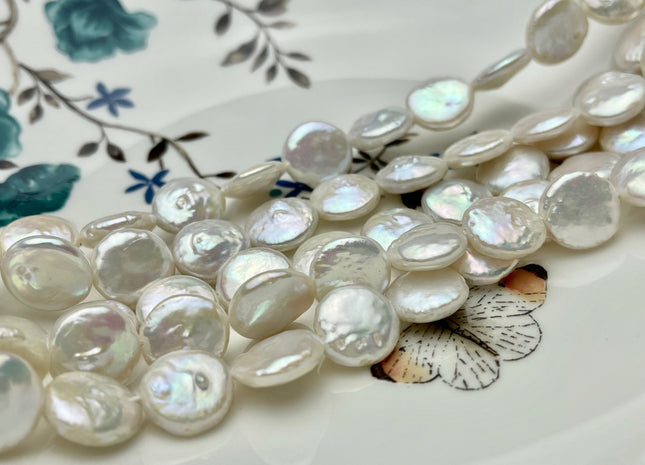 11-12 mm AAA High Luster Natural White Round Flat Coin Freshwater Pearl Beads Genuine Natural White Freshwater Coin Pearls #P1524
