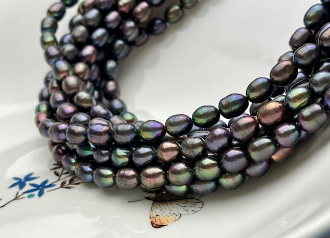6.5-7x9 mm Rice/Oval Freshwater Pearls Dark Peacock Color Genuine Freshwater Dark Peacock Rice Pearl Beads 48 Pieces #P1522