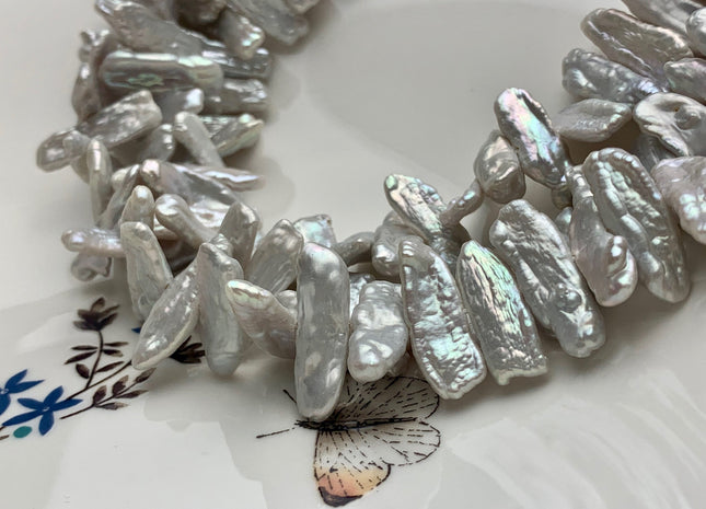 7-8x19-23mm 6-7x24-28mm AAA Silver Biwa Stick Freshwater Pearl Beads Genuine Cultured Center Drilled Silver Biwa Pearl Beads #P1533