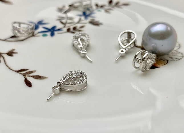 One Piece 925 Sterling Silver Pendant Setting Finding For Half Drilled Pearl Genuine Sterling Silver W/CZ Tear Drop Shape Pendant #10057