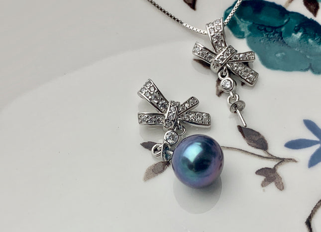 One Piece 925 Sterling Silver Pendant Setting Findings For Half Drilled Pearls Bowtie Shape Design W/CZ Sterling Silver Pendant #10187