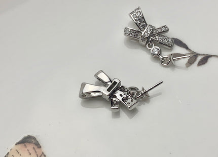 One Piece 925 Sterling Silver Pendant Setting Findings For Half Drilled Pearls Bowtie Shape Design W/CZ Sterling Silver Pendant #10187