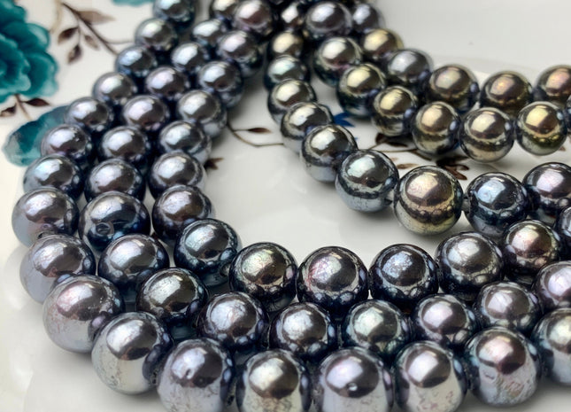8.5-10 mm AAA Extra Shiny Large Hole Half Strand Dark Peacock Edison Freshwater Pearls Hole Size 2.1mm Genuine Edison Pearl 23 Pieces #P1571