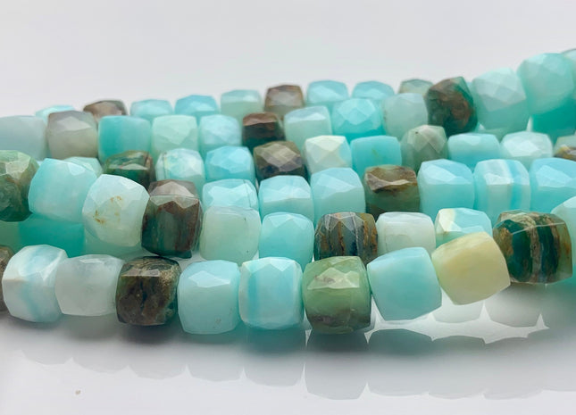8-10mm AAA Half Strand Faceted Cube Dice Shape Multi Green Blue Opal Beads Genuine Diamond Cut Amazonite Green And Brown Color Opal #3756