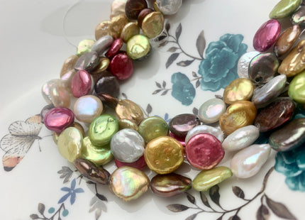 12 mm Mixed Color Coin Freshwater Pearl Beads Genuine Mixed White Pink Gray Gold Bronze Copper Green Brown Coin Pearl 31 Pieces #P1586
