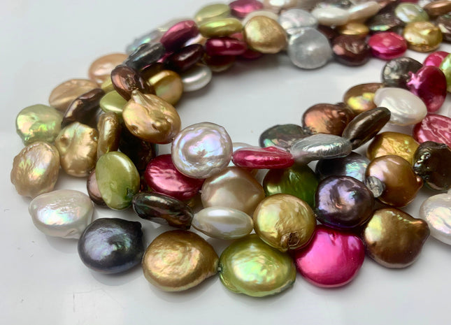 12 mm Mixed Color Coin Freshwater Pearl Beads Genuine Mixed White Pink Gray Gold Bronze Copper Green Brown Coin Pearl 31 Pieces #P1586