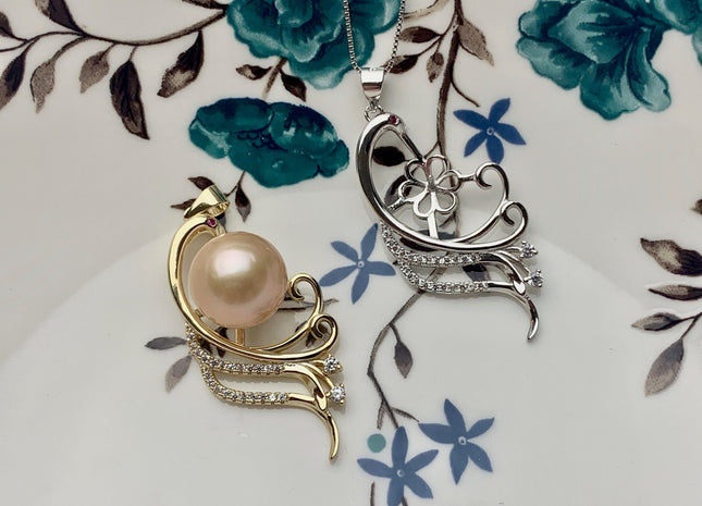 One Piece 925 Sterling Silver/Gold Pendant Setting Findings For Half Drilled Pearls Large Wing Design Pearl Mounting DIY Jewelry #10189