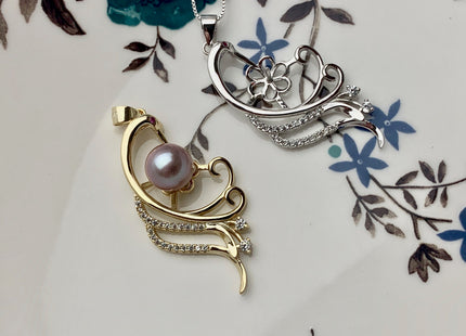 One Piece 925 Sterling Silver/Gold Pendant Setting Findings For Half Drilled Pearls Large Wing Design Pearl Mounting DIY Jewelry #10189