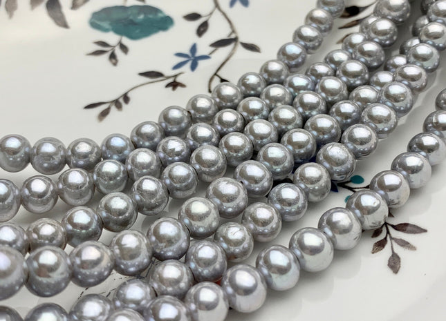 7 mm AAA Extra Shiny Gray Color Perfect Round Freshwater Pearls Bridal Beads 1.2mm 1.5mm 2.1mm Large Hole High Luster 62 Pieces #P1656