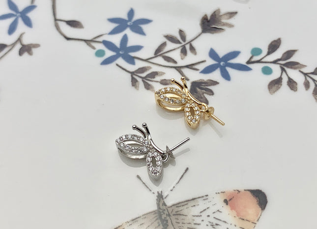 One Piece 925 Sterling Silver/Gold Pendant Setting Findings For Half Drilled Pearls Cat Eye Shape Design W/CZ Sterling Silver Pendant #10199