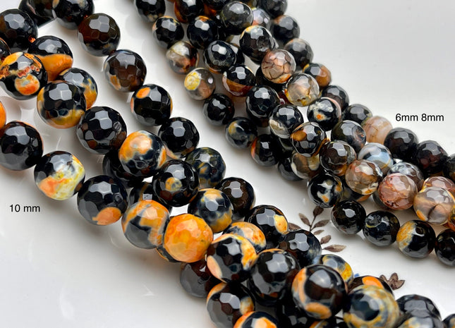 6mm 8mm 10mm Faceted Round Orange Yellow Black Color Agate Gemstone Beads Genuine Agate Gemstone Beads 14 Inches Strand #3779