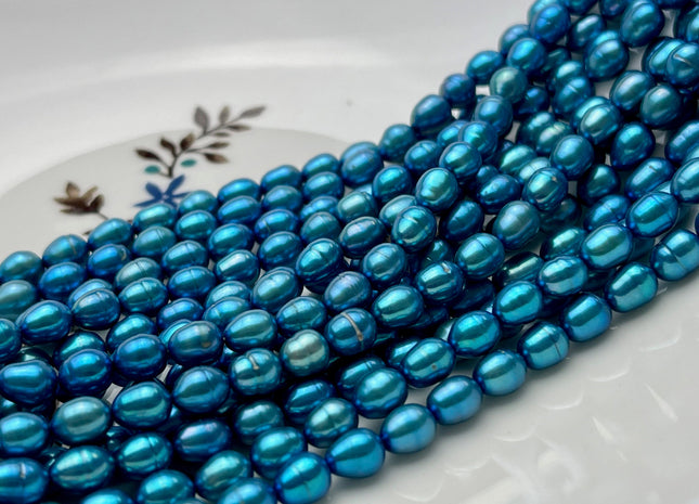 4.5-5x5-6 mm 5x6-7 mm Electric Blue Color Rice Oval Freshwater Pearls Blue Freshwater Rice Seed Pearl Beads #P1683