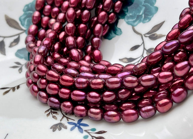 6x8mm AAA Burgundy Color Rice/Oval Freshwater Pearl Beads Genuine Cultured High Luster Freshwater Pearls 45 Pieces #P1696