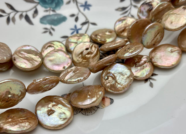 18-20 mm Champagne Large Flat Coin Freshwater Pearl Beads Large Irregular Flat Coin Beads Genuine Freshwater Coin Pearl Beads #1187