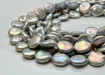 15-17mm High Luster Silver Gray Flat Coin Genuine Freshwater Pearl Beads, Genuine Cultured Freshwater Pearls, Silver Gray Pearls #420