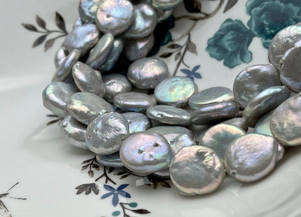 15-17mm High Luster Silver Gray Flat Coin Genuine Freshwater Pearl Beads, Genuine Cultured Freshwater Pearls, Silver Gray Pearls #420