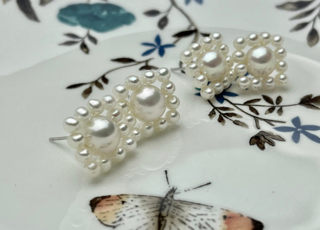 AAAAA Genuine Freshwater Pearl Earring Studs With 925 Sterling Silver Post Natural White Pearls Cluster Earring Bridal Jewelry #P1708-A