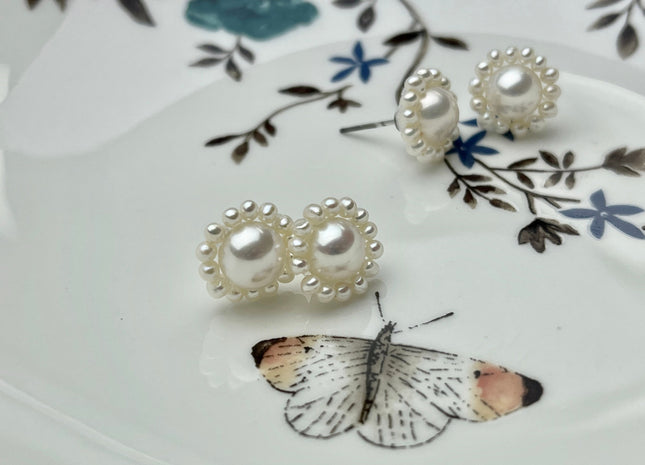 AAAAA Genuine Freshwater Pearl Earring Studs With 925 Sterling Silver Post Natural White Pearls Cluster Earring Bridal Jewelry #P1708-B