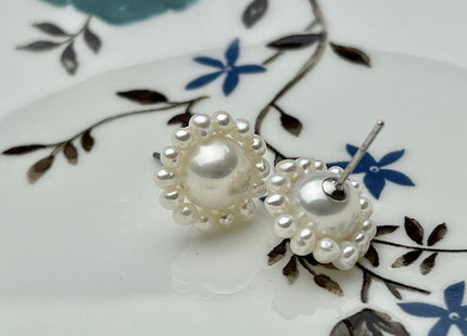 AAAAA Genuine Freshwater Pearl Earring Studs With 925 Sterling Silver Post Natural White Pearls Cluster Earring Bridal Jewelry #P1708-B