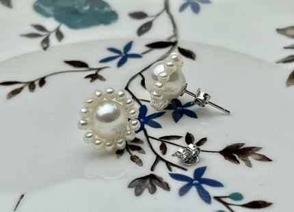 AAAAA Genuine Freshwater Pearl Earring Studs With 925 Sterling Silver Post Natural White Pearls Cluster Earring Bridal Jewelry #P1708-B
