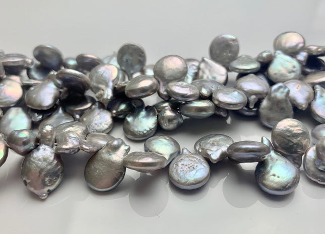 11x15 mm AA Top Drilled Teardrop Silver Gray Color Coin Freshwater Pearl Beads Genuine Cultured Flat Coin Pearl Beads #P1644