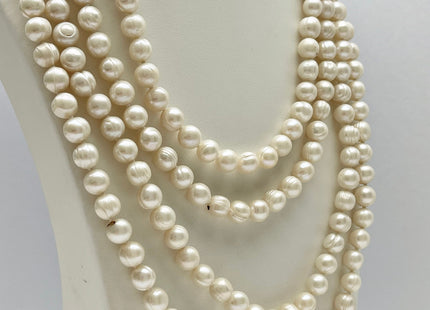 90 inches Hand Knotted 9 mm Ringed Pearl Long Necklace Genuine Natural Freshwater Pearls, Long White Pearl Bridal Necklace #223