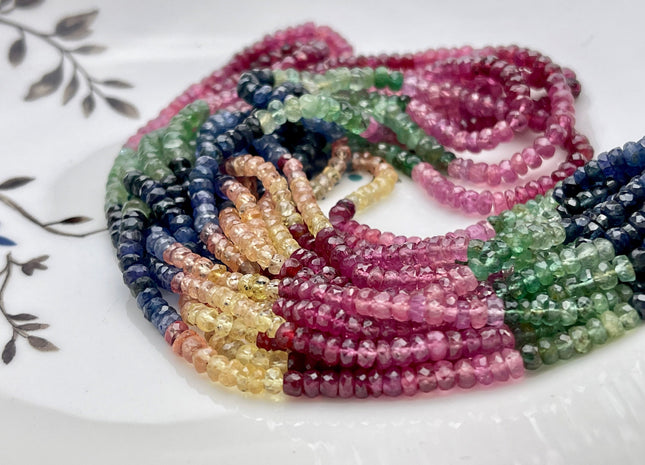 3-4mm AAA Faceted Rondelle Natural Blue Sapphire Pink Ruby Emerald Gemstone Beads Genuine Top Quality Gemmy Gemstone Beads 16 Inches #3791