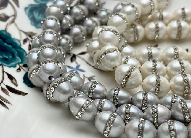 10x12 mm Half Strand Large Hole Rice/Oval Pearls 2.0mm Hole Natural White w/Clear Rhinestones OR Gray w/Clear Rhinestones #1206